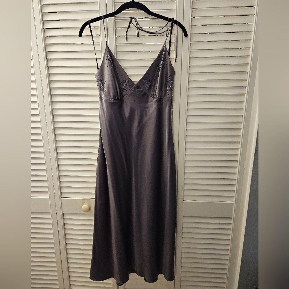 Vintage Laundry by Shelli Segal y2k Midi Gray Beaded Formal Silk Dress Sz10 EUC